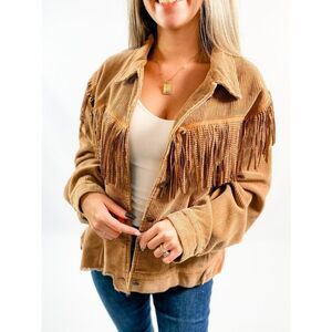 POL CLOTHING Fringed Rhinestone Button Down Jacket Teddy Bear Camel NWOT!
